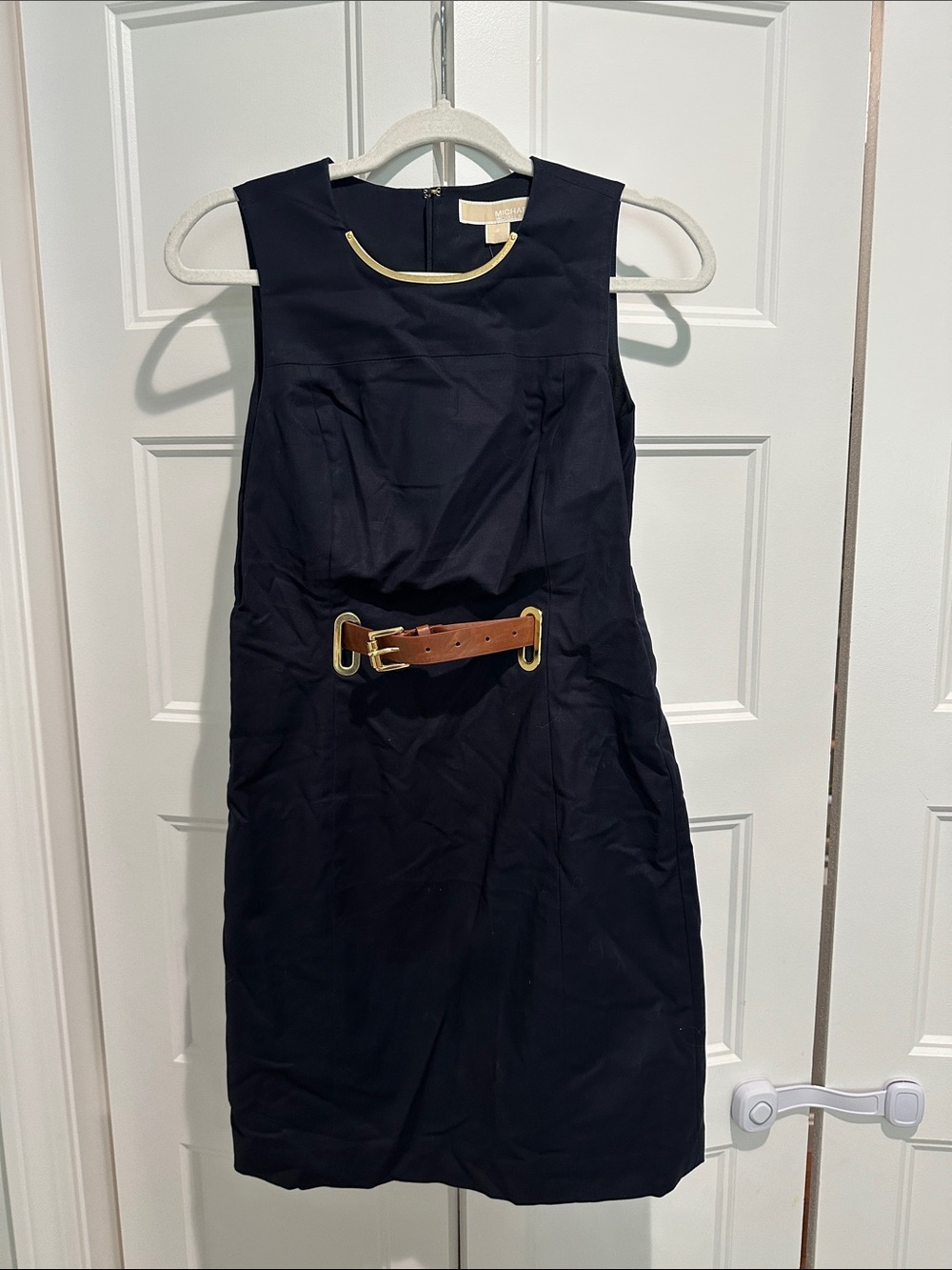 Michael Kors Sleeveless Navy Sheath Dress with Brown Belt size 4